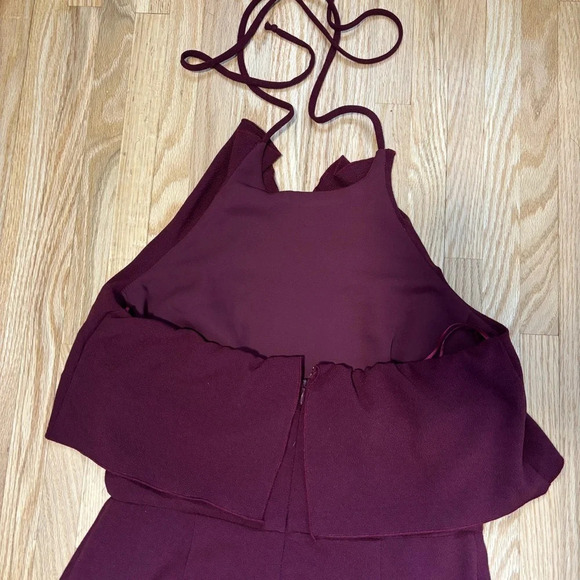 Charles Henry | Burgundy Wide Leg Ruffle Tie Up Halter Jumpsuit with Zipper Back - Picture 9 of 9